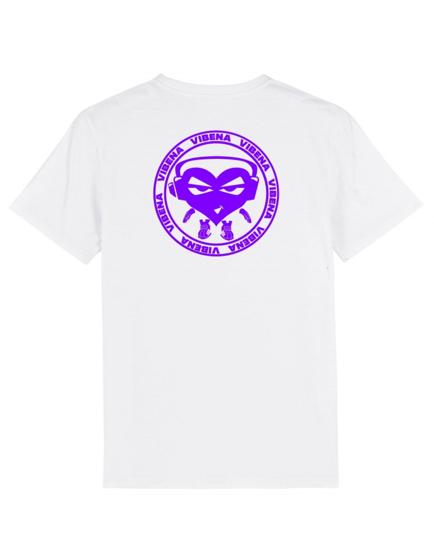 Vibena new style t-shirt. White with purple Vibena character logo (front and back logo) **Free UK Postage**