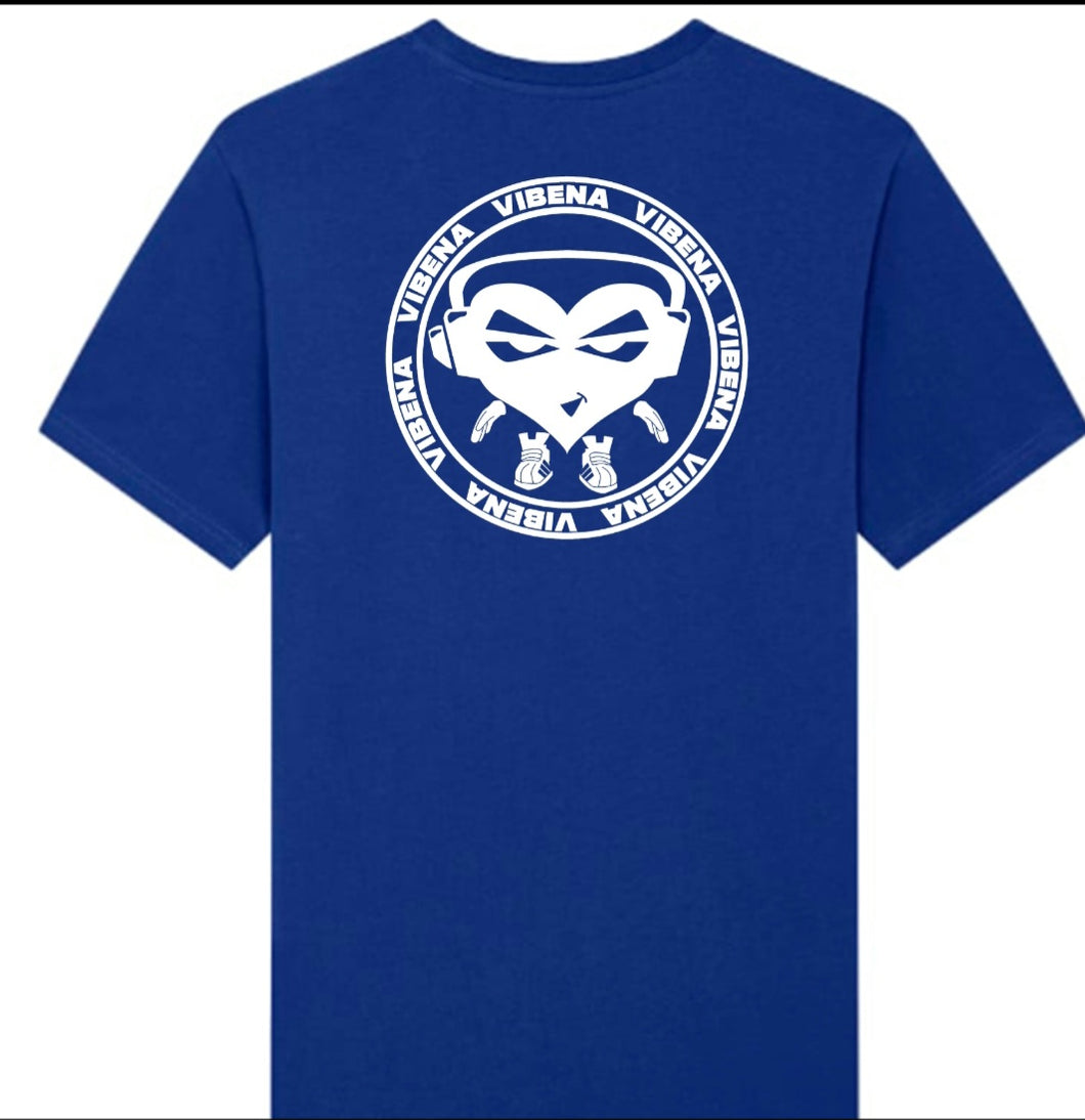 Vibena new style t-shirt. Worker blue with white Vibena character logo (front and back logo) **Free UK Postage**